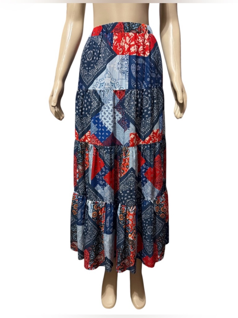 Reba XS Bandana Patchwork Maxi Skirt Red Blue Paisley Tiered Boho Elastic Waist